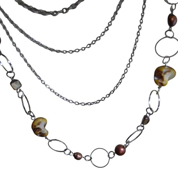 Multistrand Beaded Boho Glam Rope Length Necklace Brown Silver - Picture 1 of 8